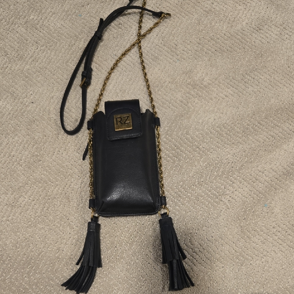 Black Leather Crossbody Bag with Tassels